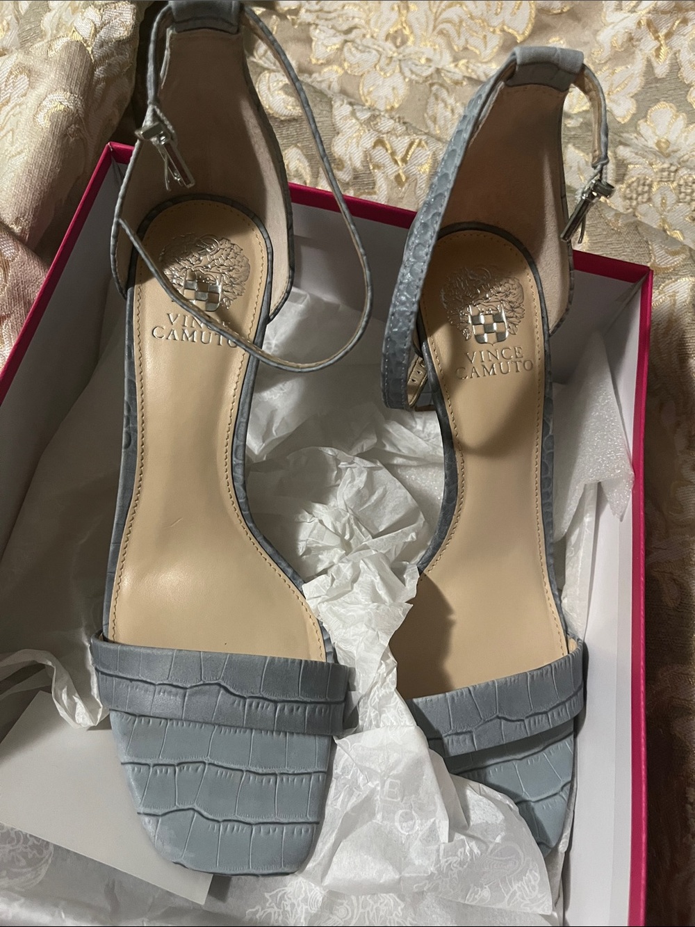 Vince Camuto Light Gray Croc-Embossed Ankle-Strap Sandals